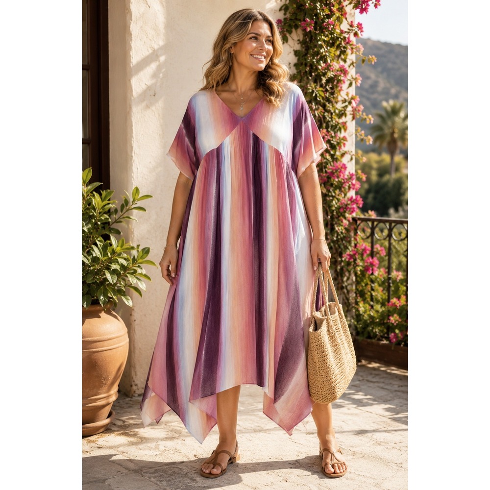 Knox Rose Striped Handkerchief Hem Midi Dress Boho Festival XL